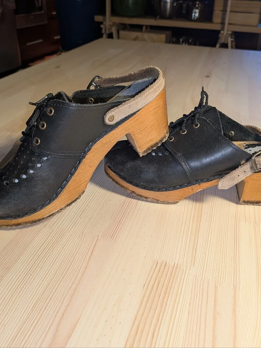 Vtg Sven Swedish Clogs Black Leather Wooden Lace Slingback Clogs Shoes 38 7.5